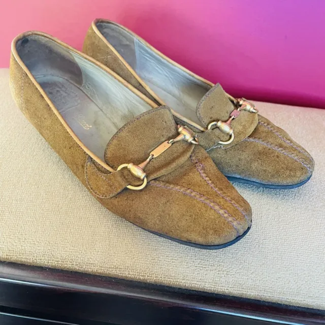 Mocassino vintage Gucci iconico pelle scamosciata beige cavallo scarpe piatte donna 37 UK4,5