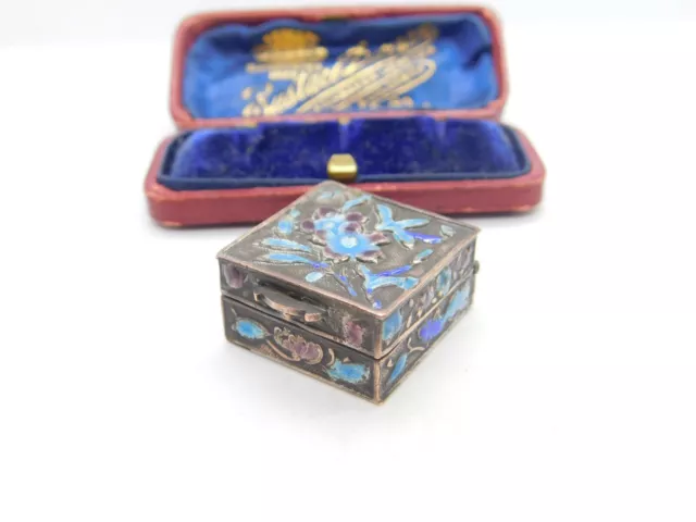 Chinese Export Silver Plated & Colourful Enamel Pill Box c1940 Antique Deco