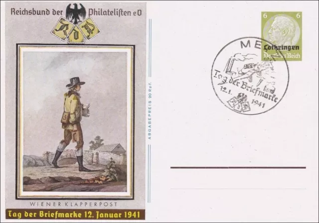 Lothringen: 1941,  Ganzsache P2 aus Metz zum Tag der Briefmarke