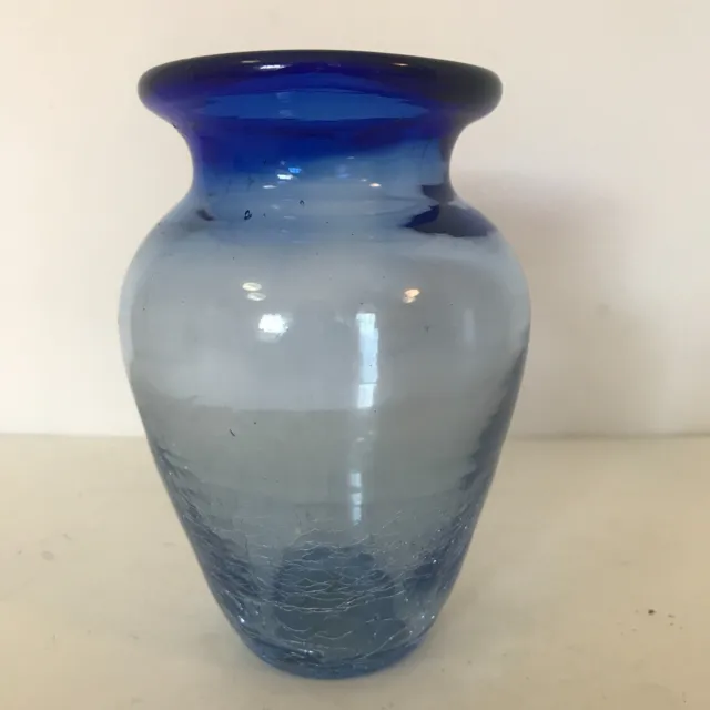 Blenko Hand Blown Crackle Glass Vase Cobalt and Light Blue 5-1/2" Tall Shiny