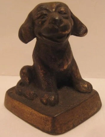 Old Miniature Cast Iron Happy Puppy Dog on Base Paperweight or Dollhouse Mini