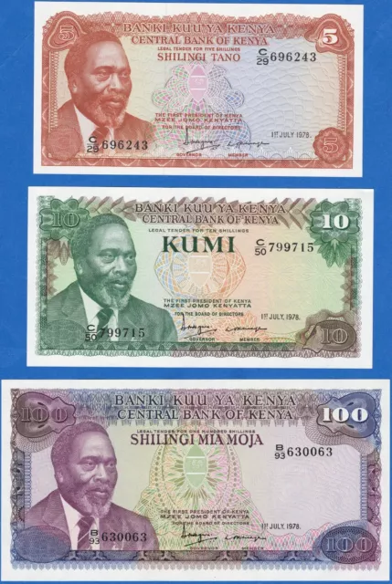 Kenya 1978 5, 10, 100 shillings P-15,16,18 UNC - US-Seller