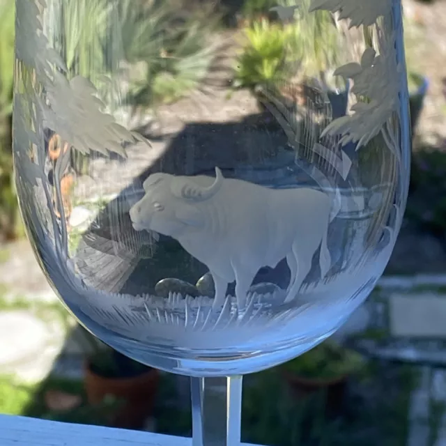Moser Rowland Ward African Big Game Wine Glass - Buffalo 6 6/8 Crystal w/ Mark