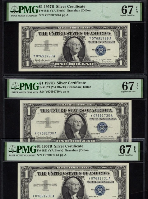 3 Consecutive  $1 1957B Silver Certificates FR 1621 - PMG 67EPQ Superb GEM UNC