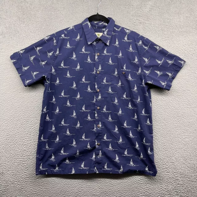 Island Shores Mens Hawaiian Shirt Blue Ship Boat Button Down Short Sleeve Size L