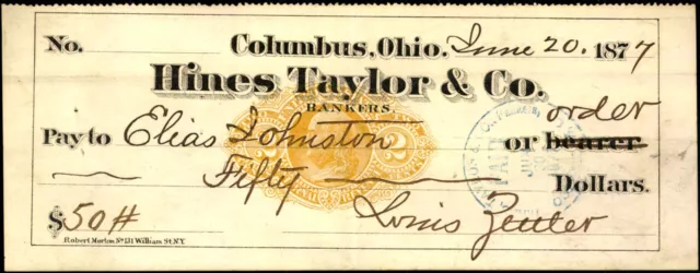 Alter Scheck DOLLAR 1877 Hines Taylo & Co. Bankers Columbus USA ORIGINAL ECHT
