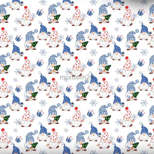 Cotton 100% NEW Christmas Small Gnomes Blue on white Wide 160 cm (62")