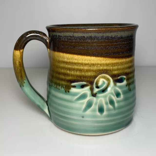 Studio Art Pottery Multicolor Wheel Thrown Coffee Mug Incised Sun 4" Signed