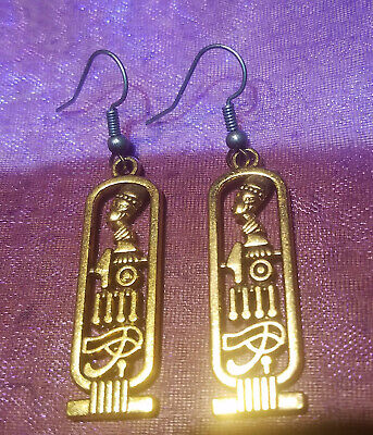 Nefertiti Horus Ma'at Egyptian Cartouche Gold plated Pierced Dangle Earrings