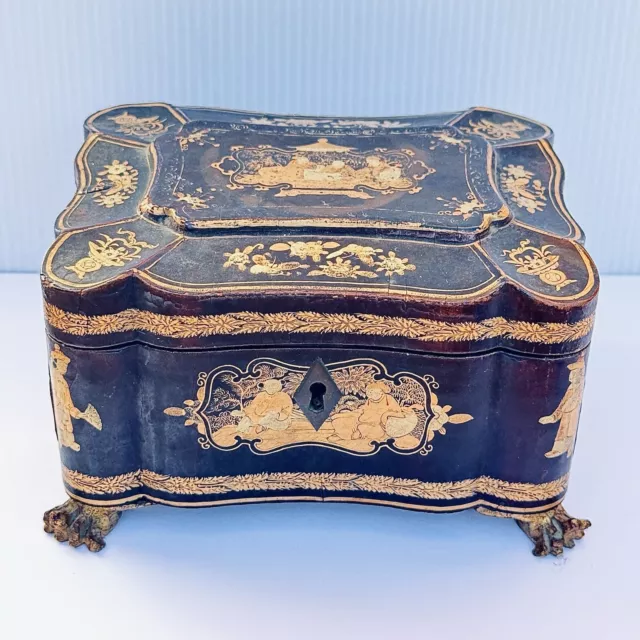 Antique Chinese Export English Style Tea Caddy Black Lacquer Gold Dust