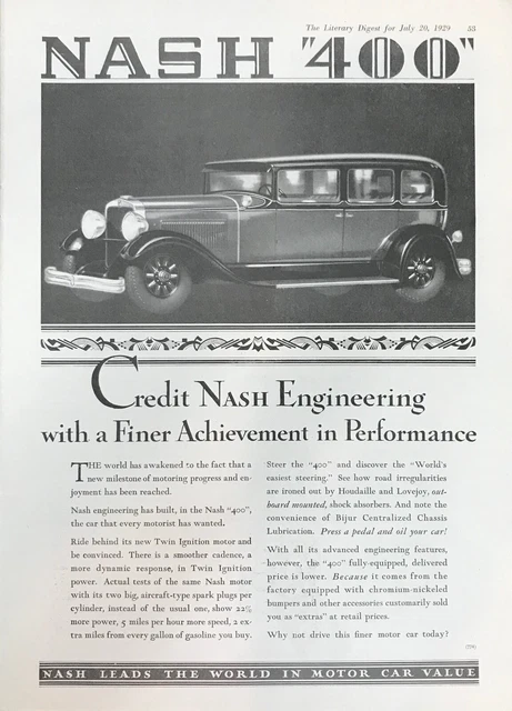 Vintage Print Ad  1929 NASH ''400'' - "Nash leads the world in motor car value"