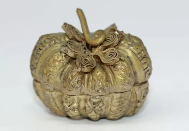 Small Vintage Novelty Brass Alloy Asian Pumpkin Squash Gourd Two Betel Nut Box