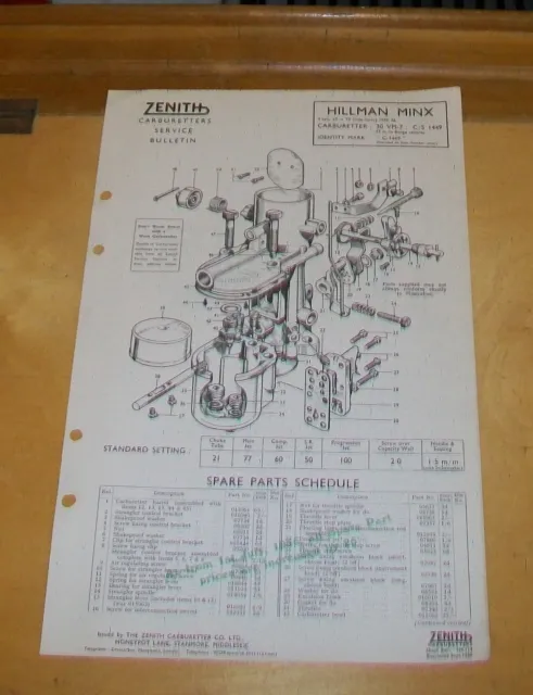 Hillman Minx Sv 1955-56 Zenith 30 Vm-7 Carburetter Spare Parts Technical Notes