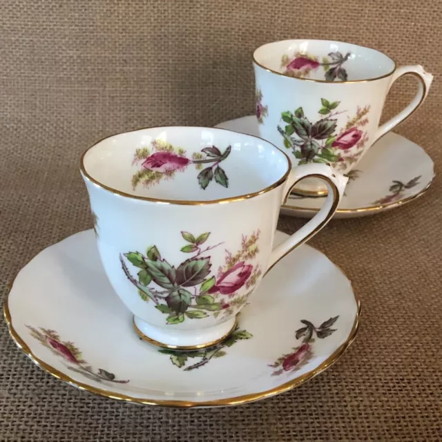 Demitasse Cups Saucers New/Royal Chelsea Bone China England Moss Rose 2 Sets EUC