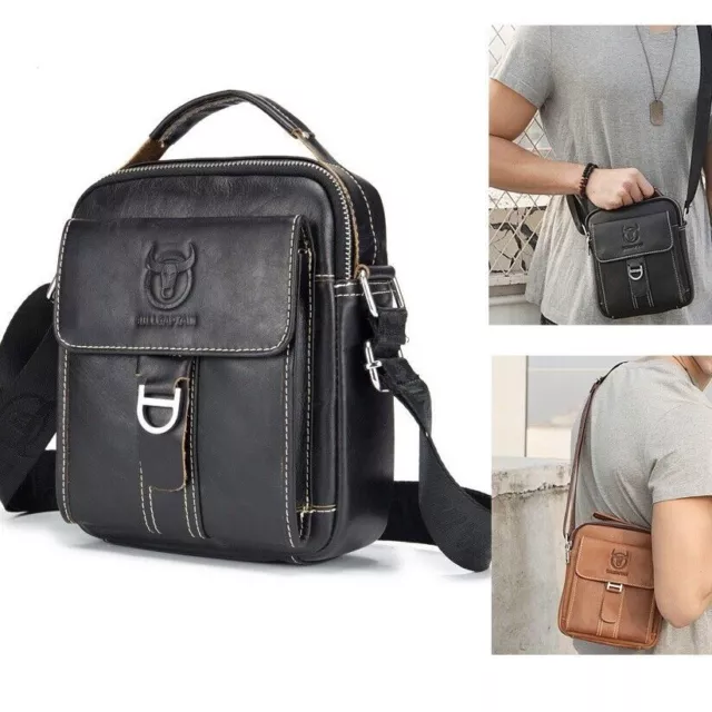 Mens 100% Genuine Leather Sling Shoulder Bag Cowhide Small Messenger Bag Handbag