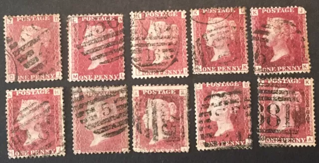 GB Queen Victoria "1d Penny Red's" VFU x10 stamps  LH