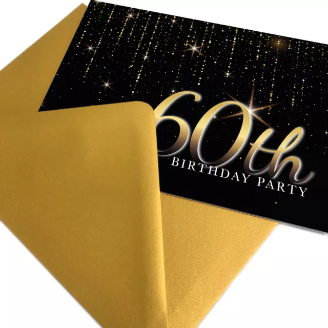 60th Birthday Party Invitations with Gold Envelopes - Premium invites -  1-100pk