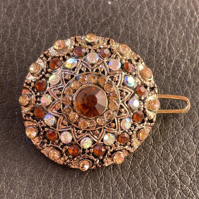 VTG Victorian Art Deco Style Gemmed Round Dome Crystal Rhinestone Hair Barrette