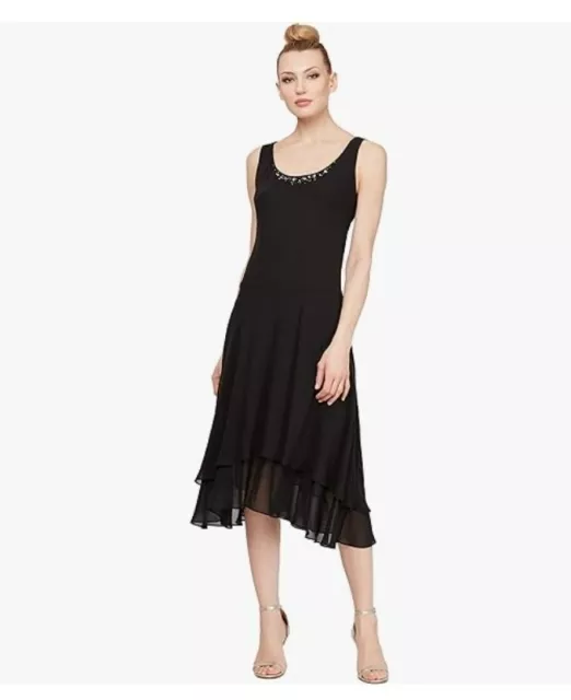 S.L. Fashions Women's Sleeveless Embellished Chiffon Black Dress, Size 14