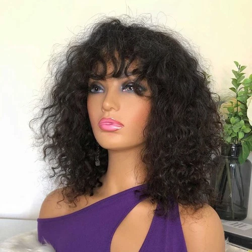 Brown Brazilian Remy Curly Hair Wig Bangs 180% Deep Wave Glueless No Lace Wig