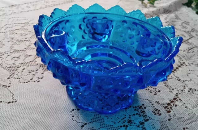 Vintage  Cobalt Blue Hobnail Glass 6 Candle Holder Pedestal Bowl ~ Beautiful! 3