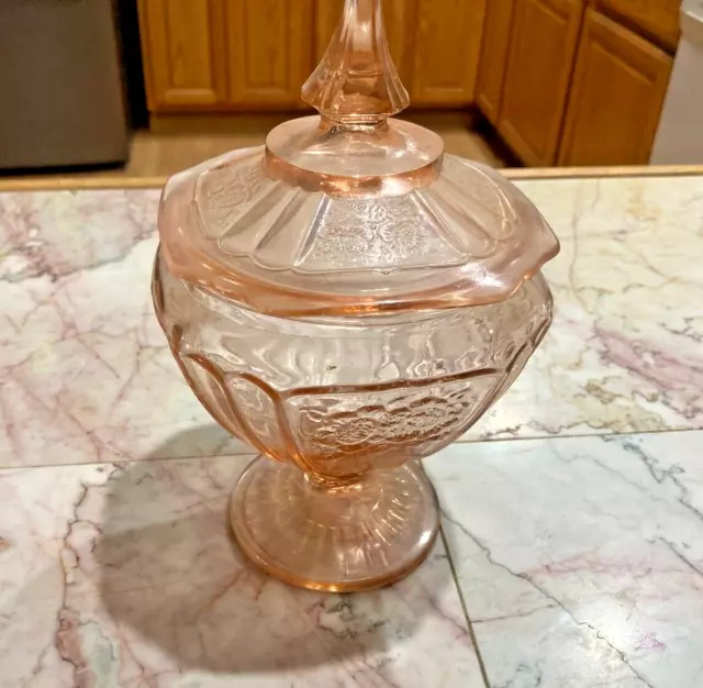 Vintage Mayfair Open Rose Pink Depression Glass Pedestal Candy Dish With Lid