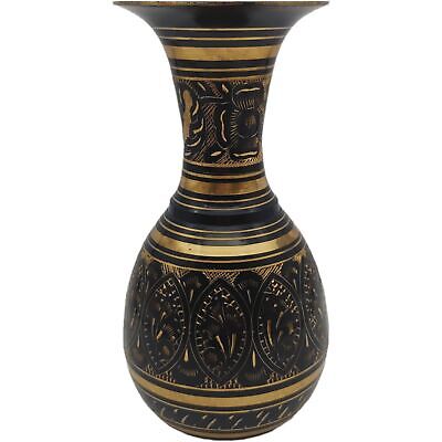Etched Solid Brass Flower Vase - 8.5" Large vtg Gold Black Ornate Floral Striped