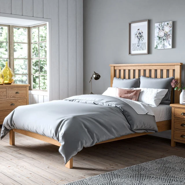 ANCROFT WAXED OAK Slatted Double Bed Bedroom Furniture £770.99