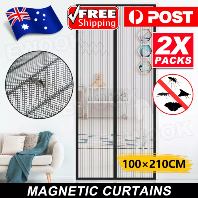 2 x SET Magnetic Door Mesh Black Fly Screen Magic Magna Mosquito Bug Curtain