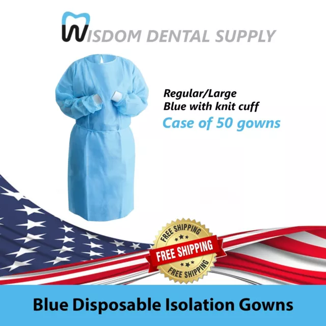 House Brand Blue Disposable Isolation Gowns, Regular/Large, 50/Case