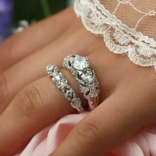 Juego de anillos de novia de plata de ley 925 con diamantes de imitación de...