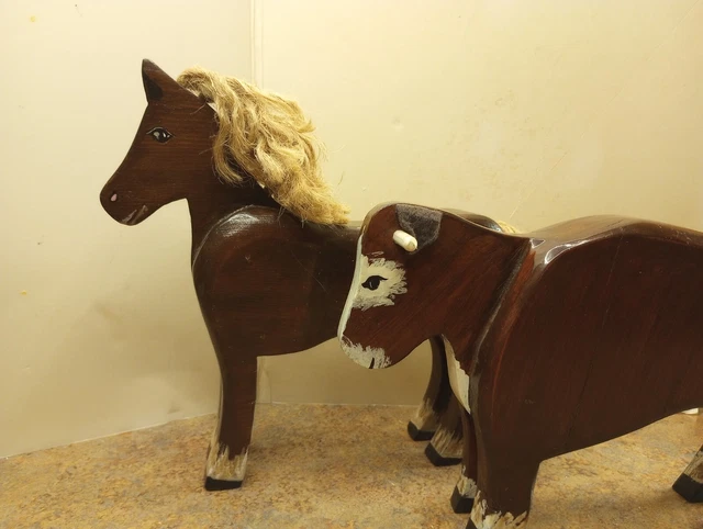 Vintage Hand Made Wood Toys Horse and a Cow Rodeo, Roping, Cowboy, Ranch Bull