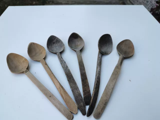 Old Antique Primitive Wooden Handmade Carved Spoons Padle - Lot Of 6