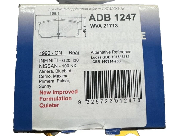 ADB REAR BRAKE PAD ADB1247 for INFINITI 1990-on G20 i30 $54.95 ...