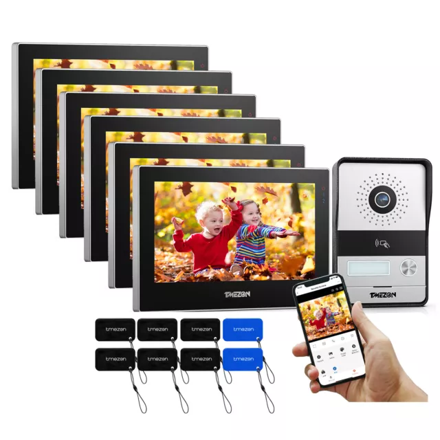 TMEZON WLAN 2-Draht Video Türsprechanlage Sprechanlage 6x 7" Touch Screen IP 2MP