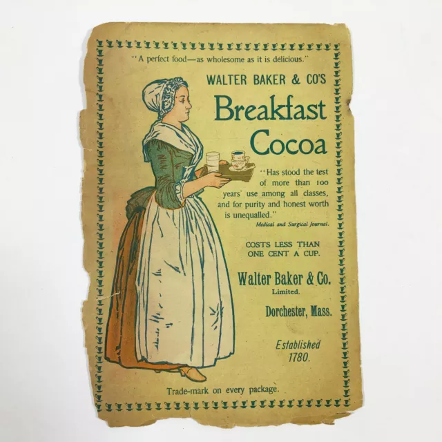 Vintage Walter Baker & Co's Breadfast Cocoa Advertising Page Late 1800's