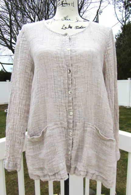 Pure Jill J Jill Sz L Linen Crinkle Gauze Button Laganlook Shirt Jacket Pockets