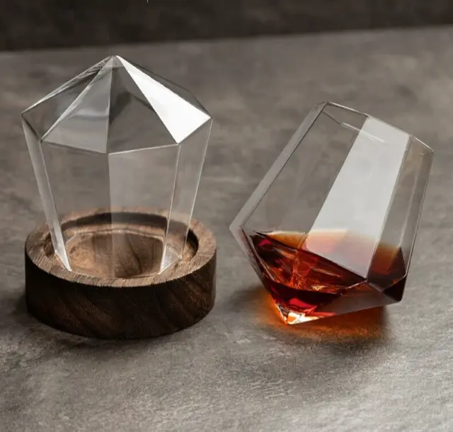 2X Japanese Diamond Shape Brandy Wine Whiskey Spirit Glass&Wooden Base-Lead Free