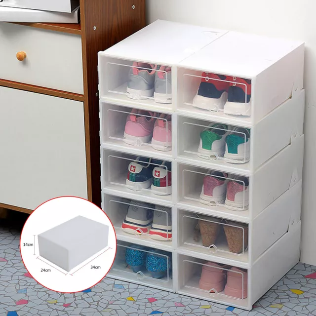 12x White Plastic Shoe Storage Boxes Drawer Stackable Foldable Durable Organiser