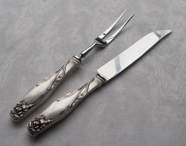 Rare Large 2-tlg. Carving Set Art Nouveau Carnations IN 800er Silver Um 1900