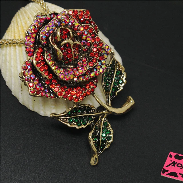 New Betsey Johnson Red Bling Lovely Rose Flower Crystal Pendant Necklace 2