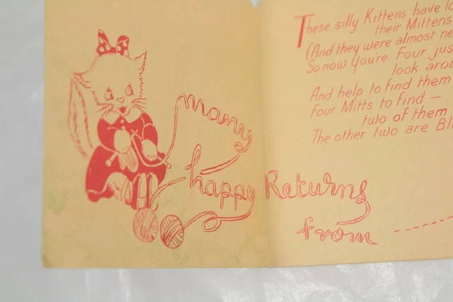Vintage Greetings Card Four Today - Kittens Mia Cards England Ref 712 Circa 40s 5
