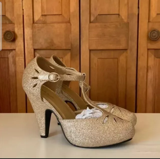 ModCloth T.U.K. Womens 9 The Zest Is History 4" Glitter Gold Heel MCDD1-1 w/Box