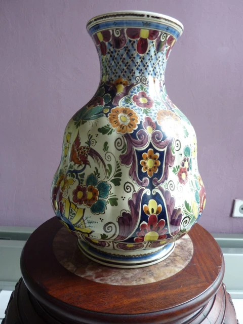 PAIRE DE VASE Ancien en Céramique de Delft Bleu Polychromé Peint Main Signé EUR 45,00 - FR