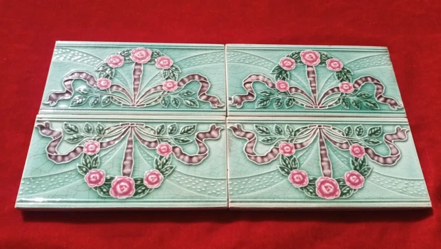 4 Piece Art Deco Small Floral Design Majolica Ceramic Tiles Japan 0297 4