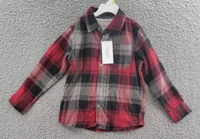 Calvin Klein Plaid Button Up Shirt Boys 5 Red Multi Collared Front Pocket L/S
