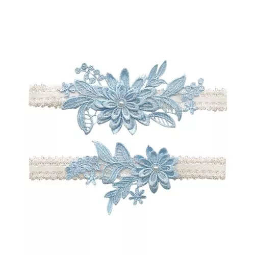 Wedding Garters Set Lace Bridal Garter Stretchy Floral Garter for Bride Blue Whi