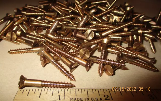 32 VINTAGE NOS, SOLID BRONZE WOOD SCREWS WITH REG. SLOTTED FLAT HEAD 1 1/4" x #8
