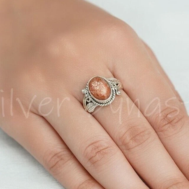 925 Solid Sterling Silver Sunstone Gemstone Twisted Wire Designer Gift Her Ring