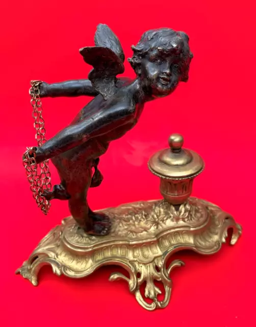 Antique French Patinated & Gilt Bronze Figural Inkstand of Cupid.  C. 1880